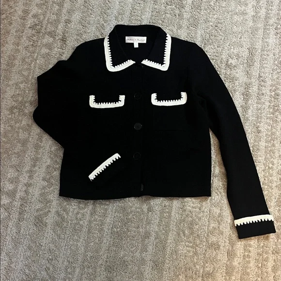 Chelsea & Theodore Black Cardigan with Knit Embroidered White Trim Details Small - Picture 3 of 8